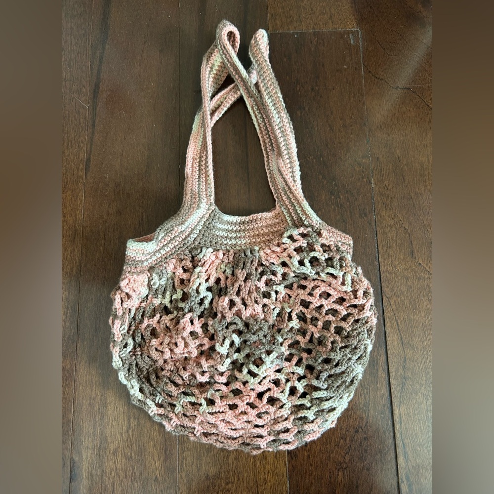 Pink, White, and Brown Handmade Boho/Bohemian Hippie Crochet Market Shoulder Bag
